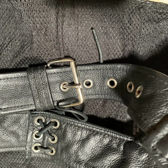 Thick Leather! Biker Chaps First MFG Co Unisex Vintage Biker Chaps Black Mens XS - Picture 8 of 11